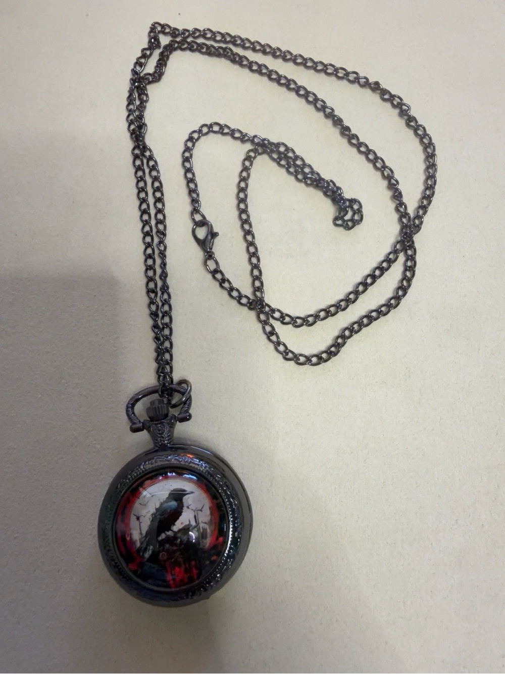 Raven Pocket Watch Necklace Gothic Quartz Black Chain Steampunk Edgar Allan Poe